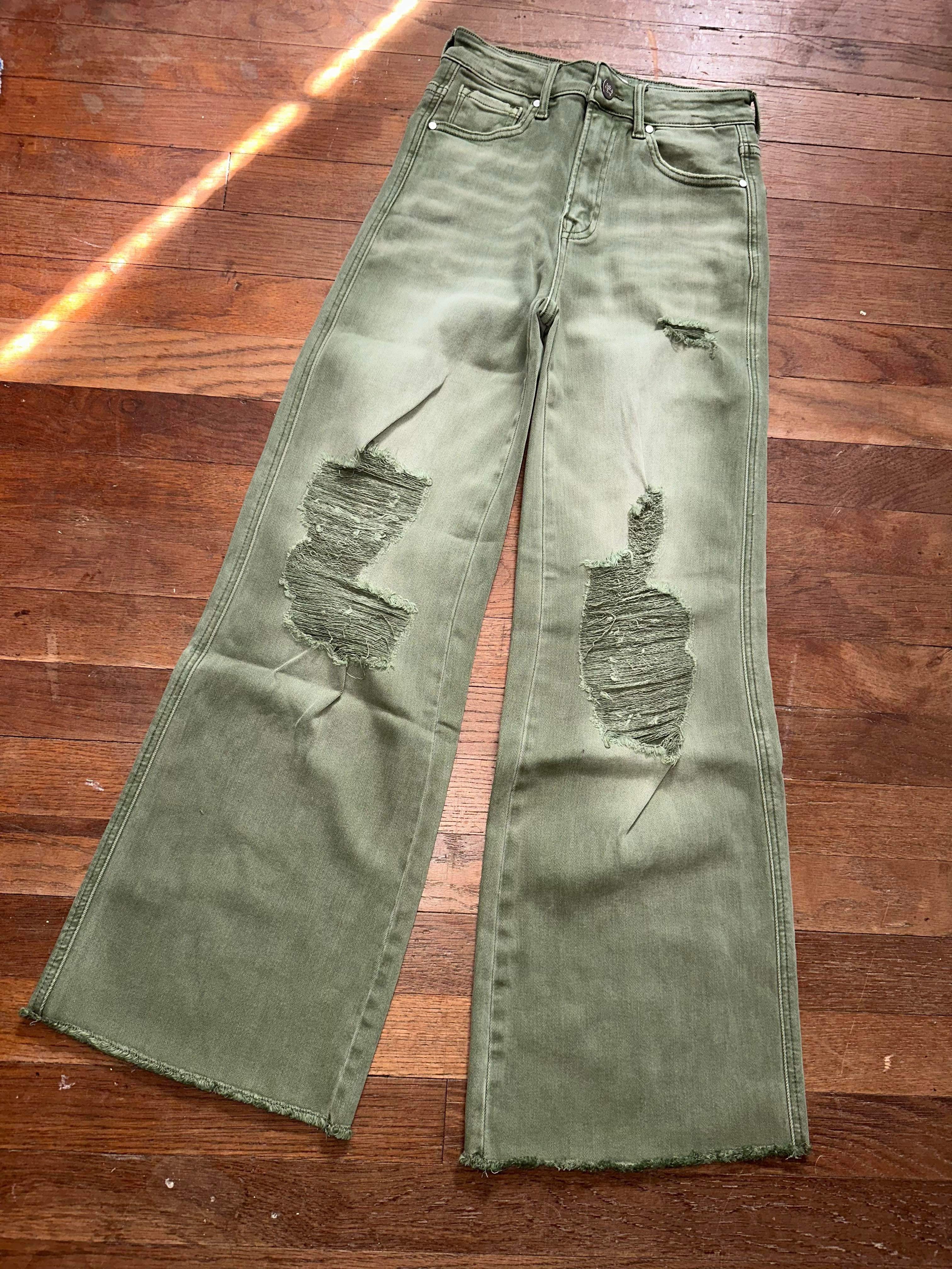 Olive High Rise Distress Straight Jeans