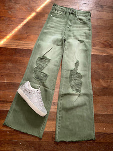 Olive High Rise Distress Straight Jeans