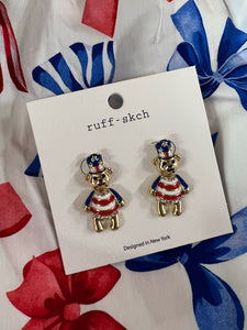 Patriotic Teddy Bear Stud Drop Earrings One Size F