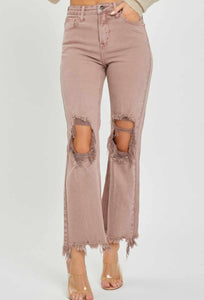 Mauve Risen HR Distressed Straight Jeans