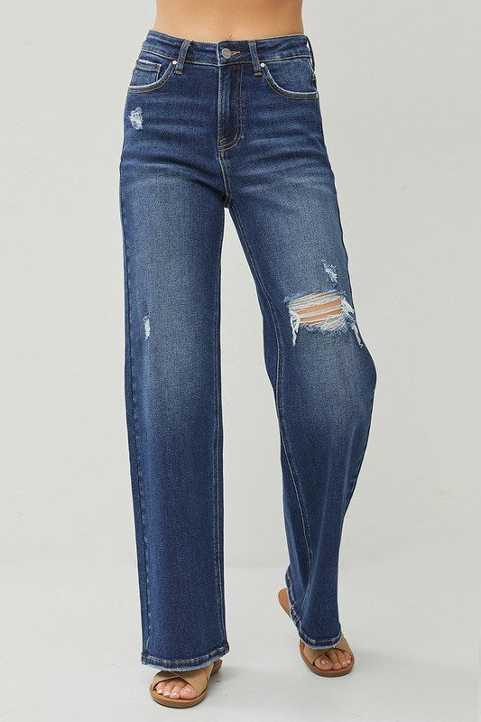 Risen HR Distressed Wide Leg Jeans