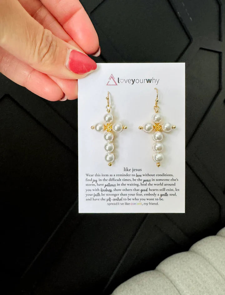Jesus Dangling Pearl Cross Earrings One Size Fits