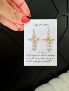 Jesus Dangling Pearl Cross Earrings One Size Fits