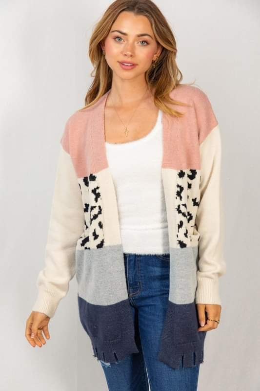 Dusty Pink Color Block Distressed Cardigan