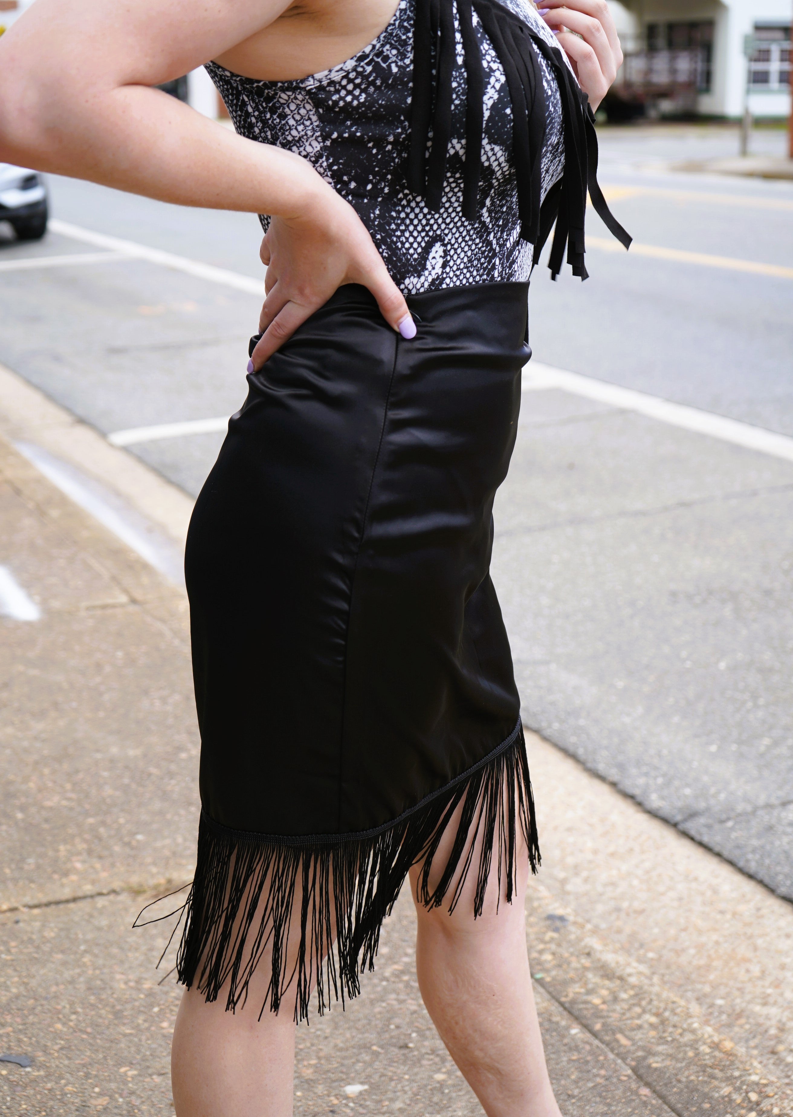 Nashville Vibes Black Ruched Fringe Skirt
