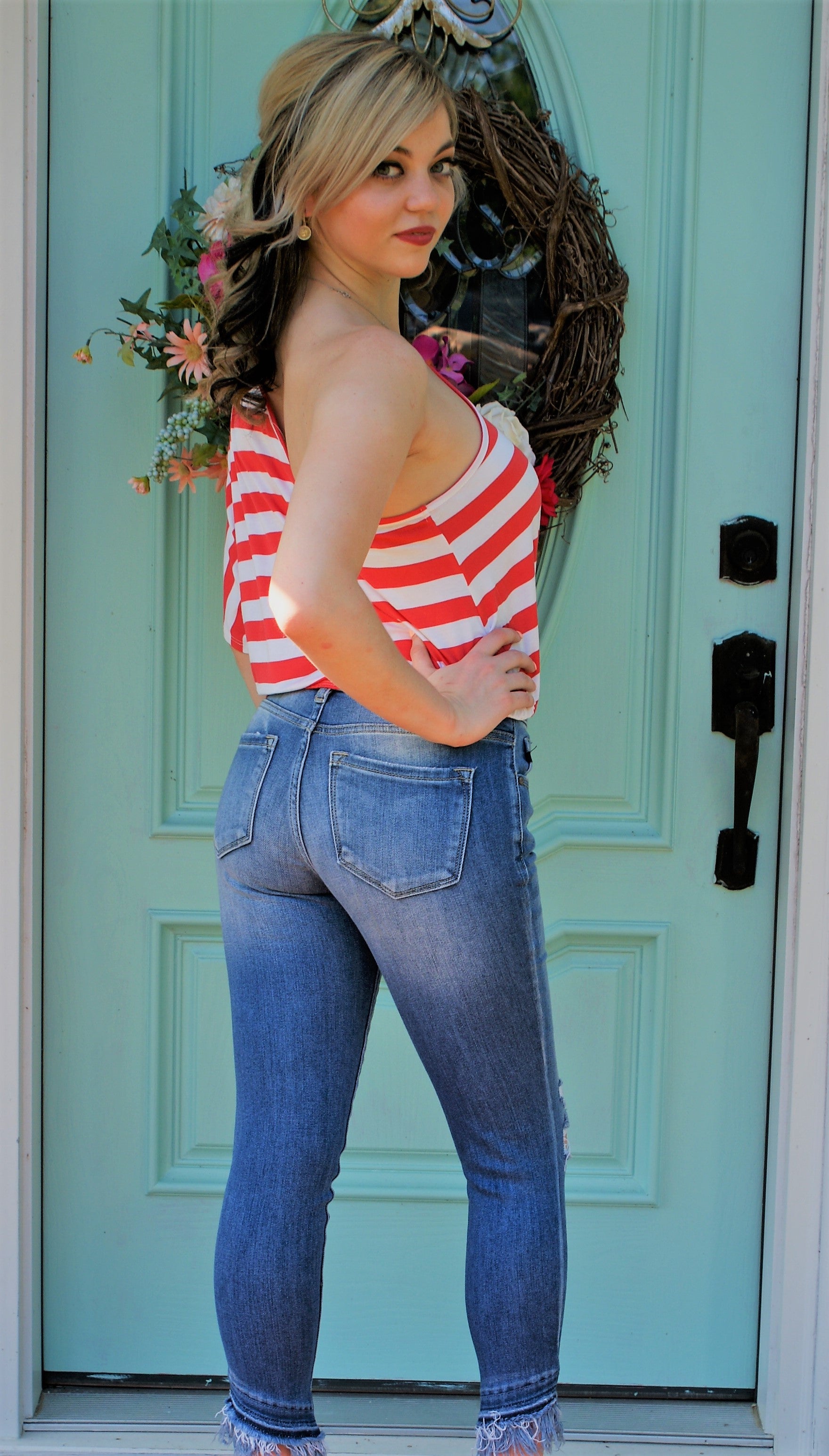 Candy Striped Coral/Red One shoulder top