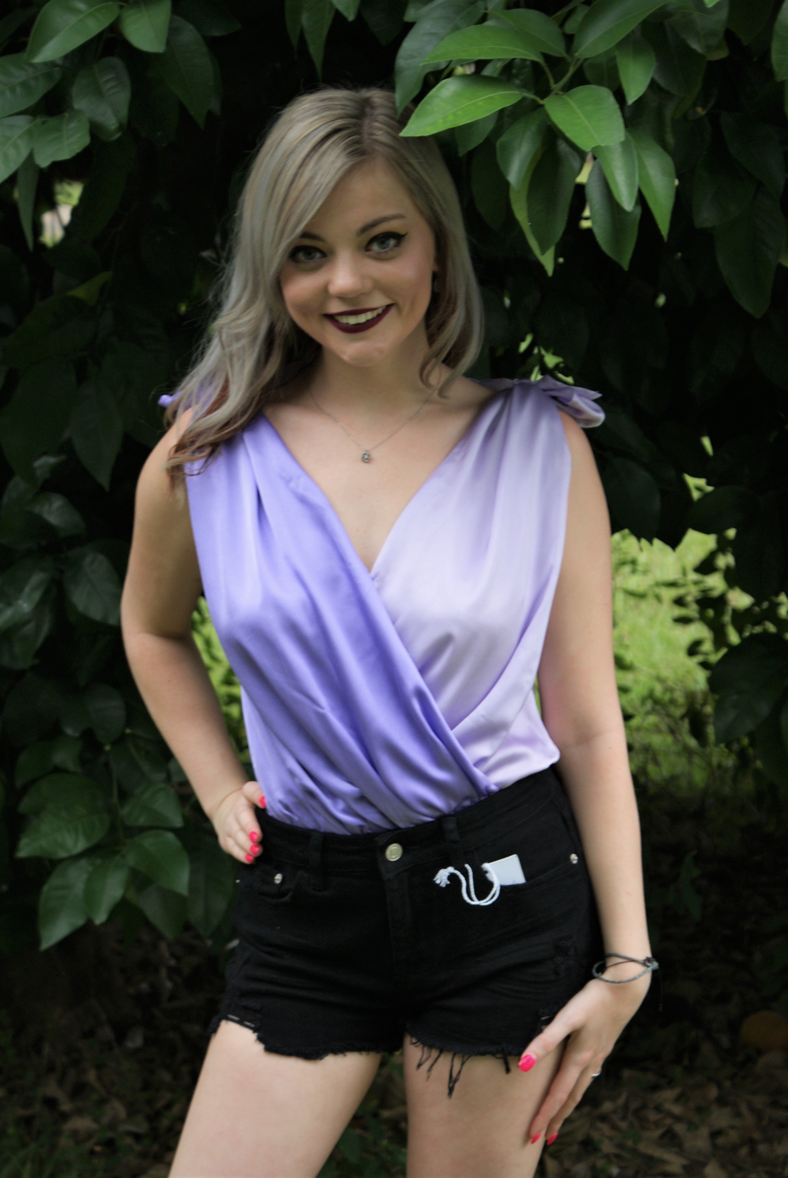 Lavender Satin Colorblocked Bodysuit Top