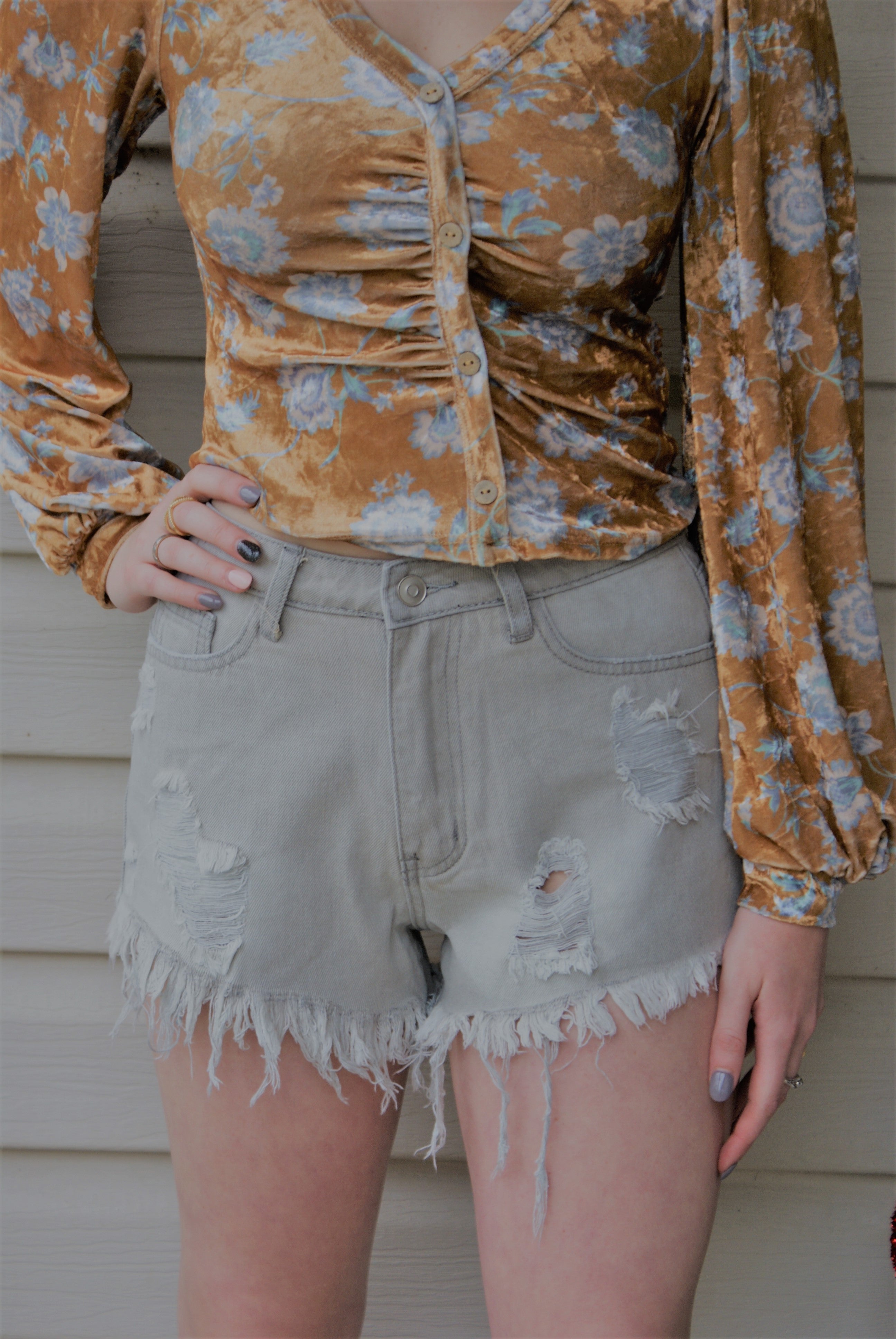 Grey High Waisted Distressed Shorts
