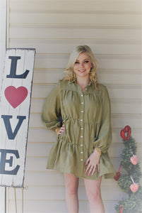 Olive Crinkled Button Down Dress