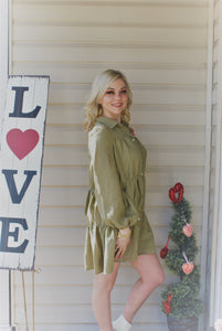 Olive Crinkled Button Down Dress