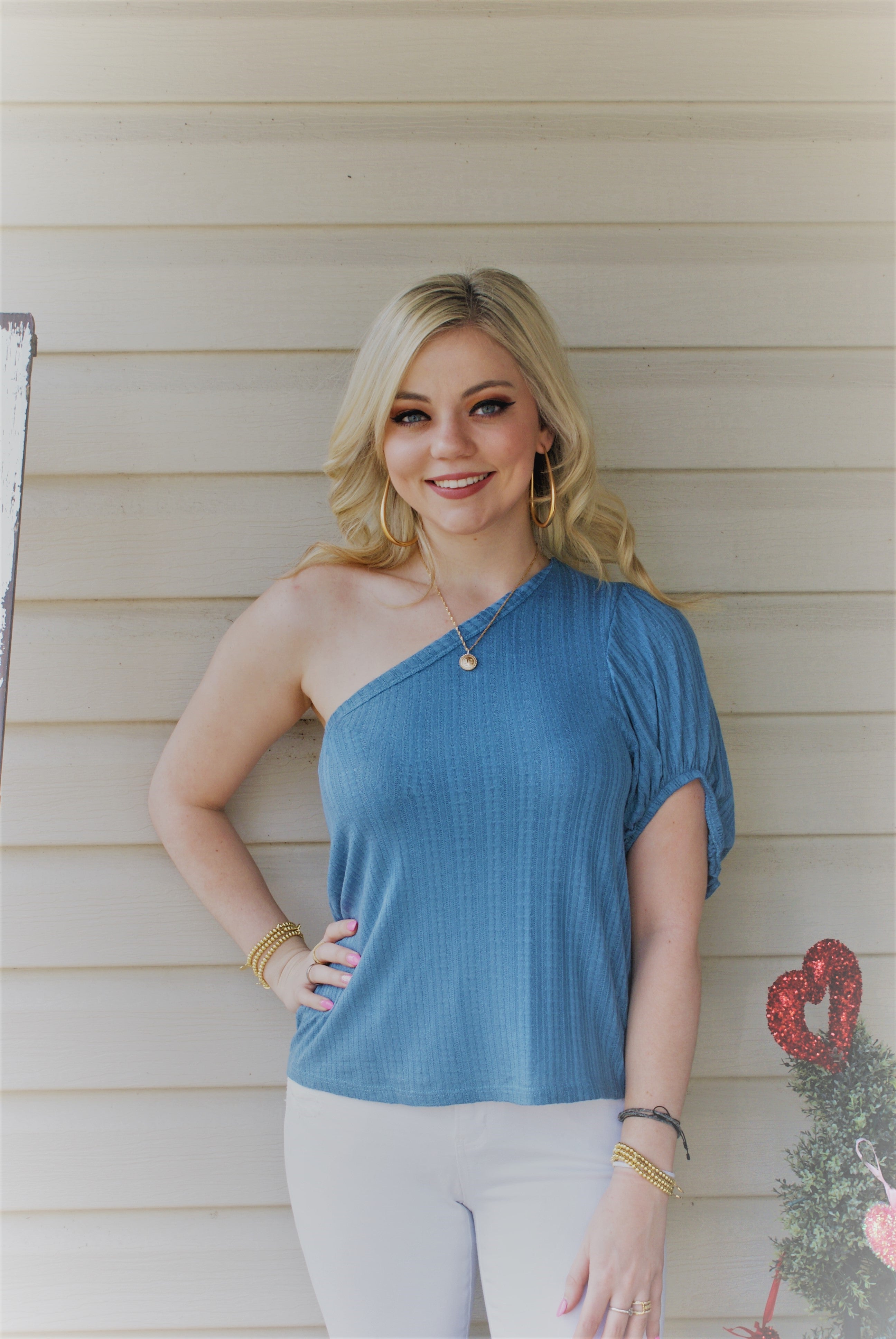 Blue One Shoulder Knit Top