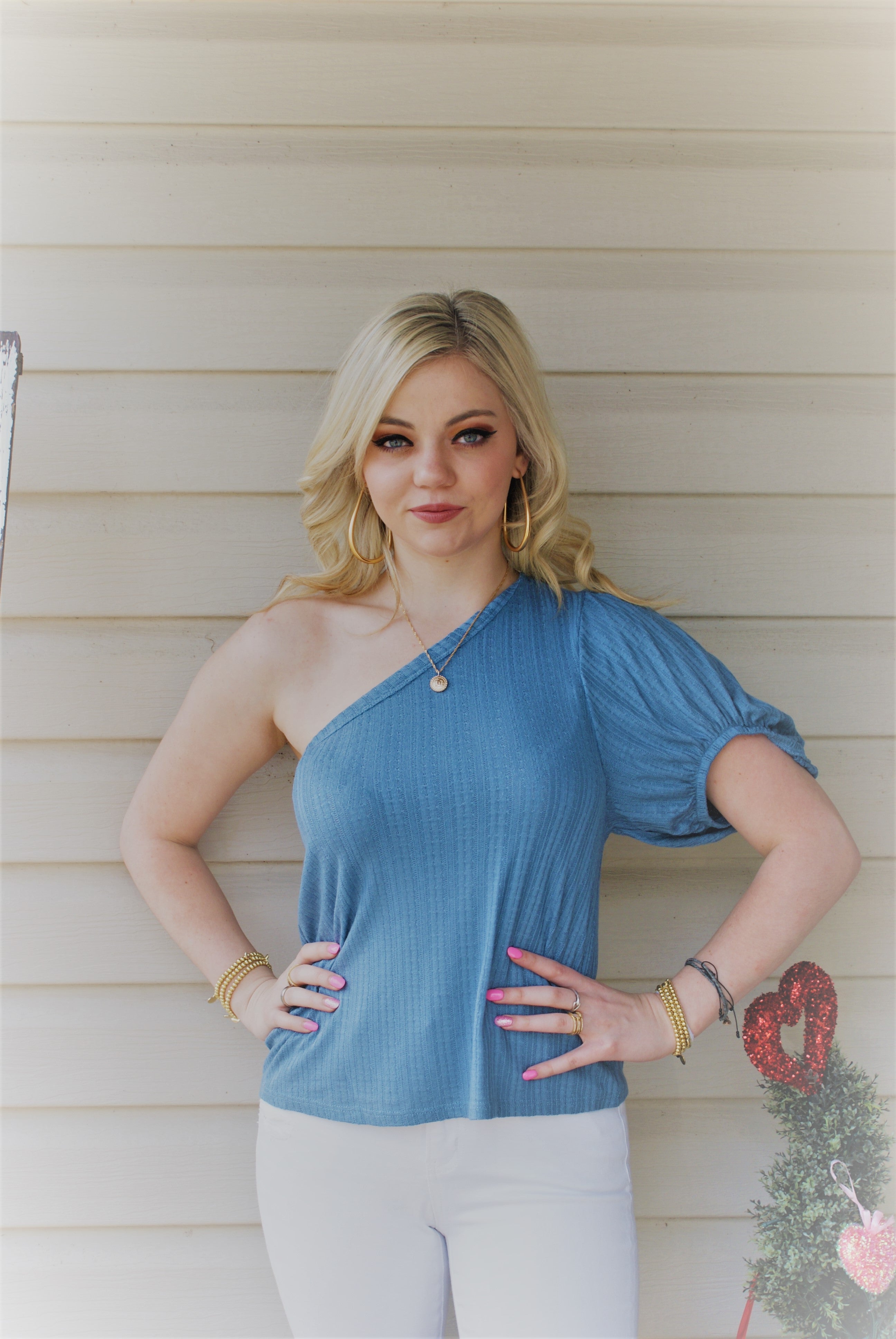 Blue One Shoulder Knit Top