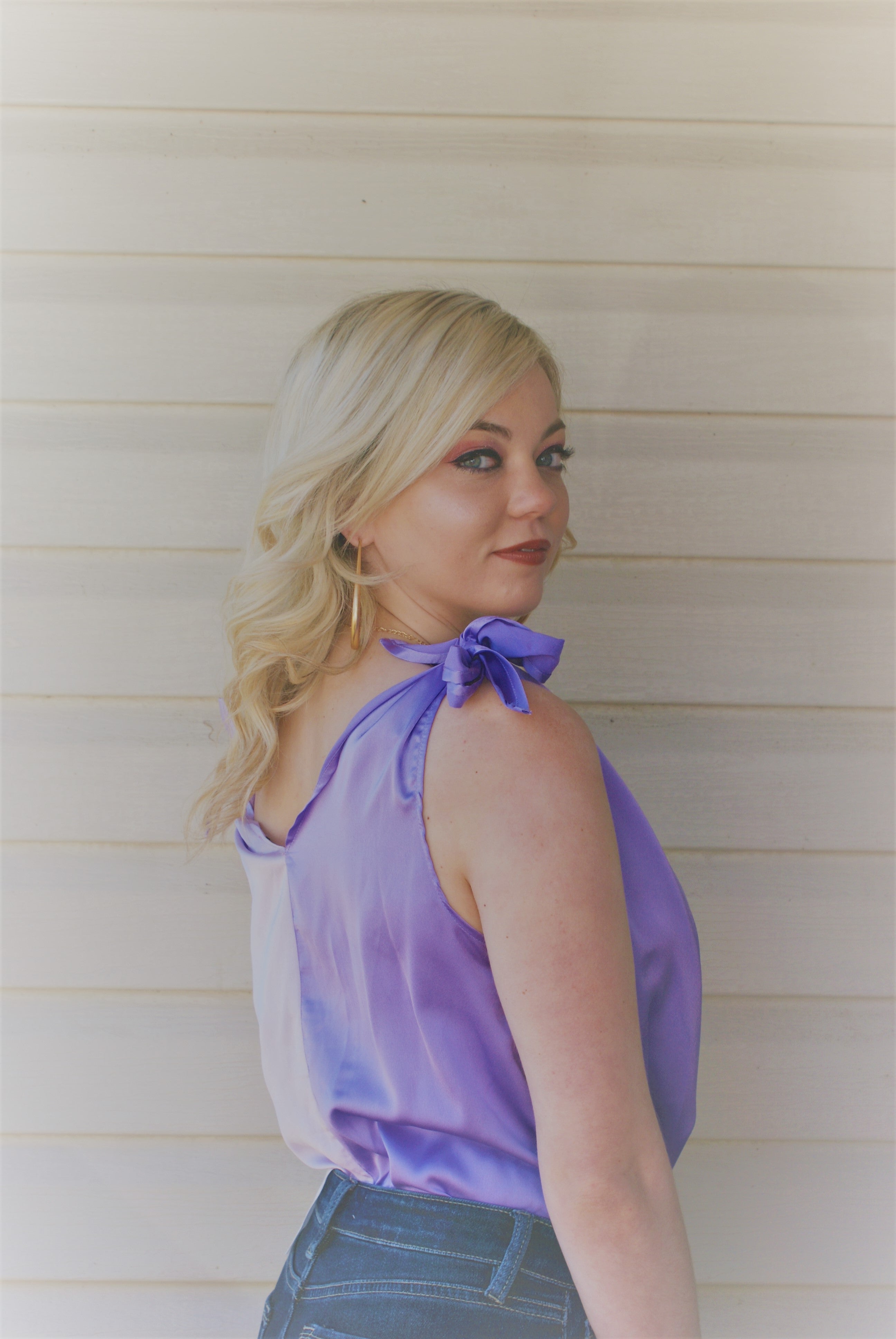 Lavender Satin Colorblocked Bodysuit Top