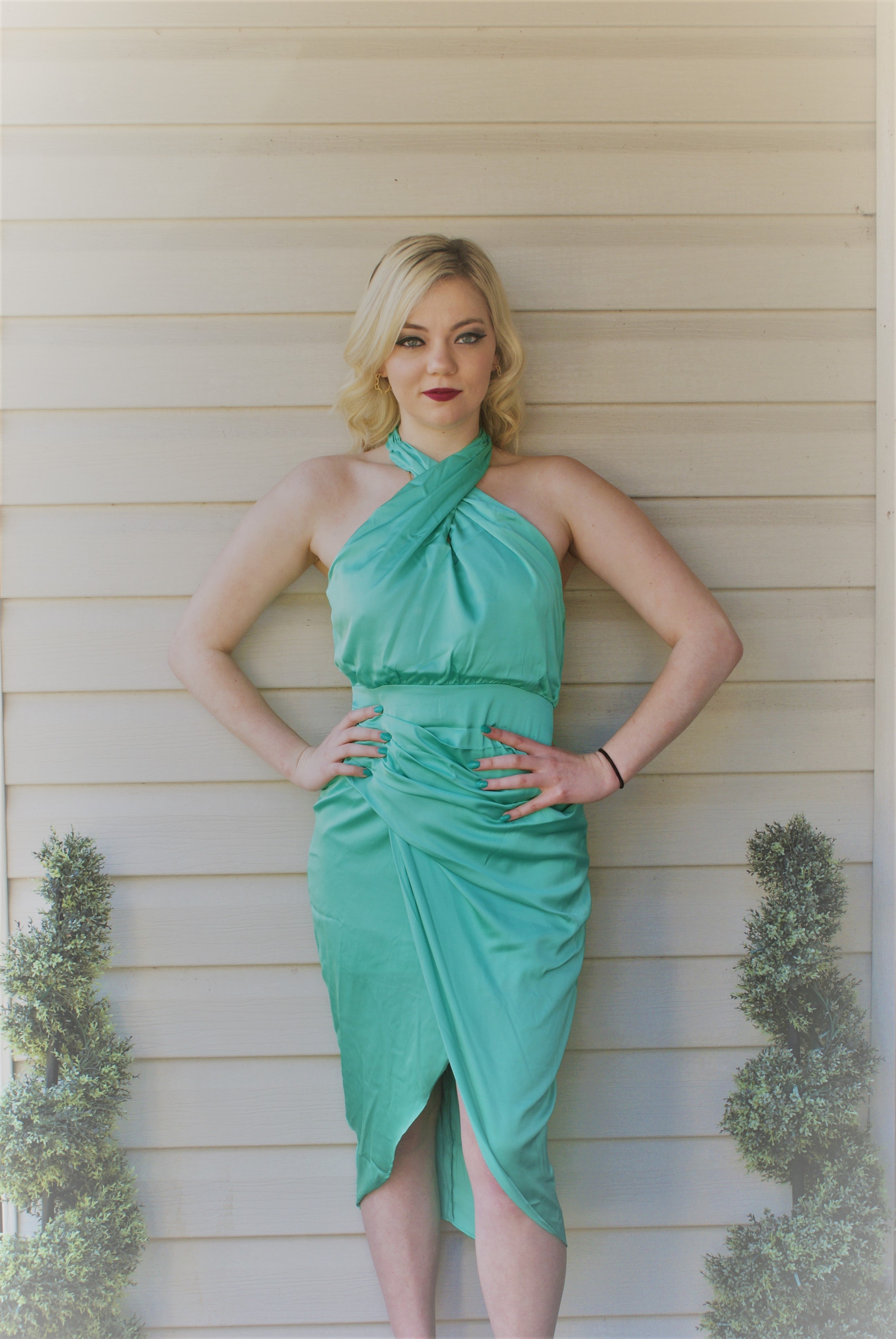 Biscay Green Wrap Cross Neck Dress Large Biscay Green Wrap Cross Neck Dress Large