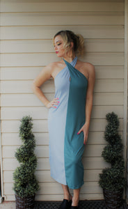 Pick A Side Blue Color Block Halter Dress